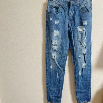 데미지 데님 팬츠 슬림 핏 블루