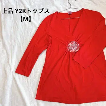 새상품급 [M] 7부 소매 V넥 레드 Y2K 비쥬 장식 상의 빨간색