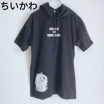 치이카와 (먼작귀) 반팔 티셔츠 후드 프린트 면 혼방 블랙 L