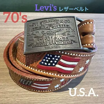 70's LEVIS 리바이스 버클 가죽 벨트 U.S.국기 카멜