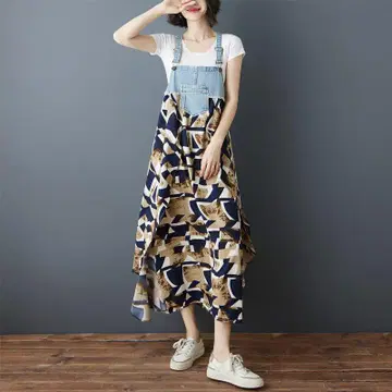 데님 패치워크 플라워 프린트 서스펜더 드레스 A
