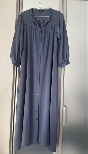 블루 긴팔 셔츠 원피스 롱 원피스 허리 리본 포함