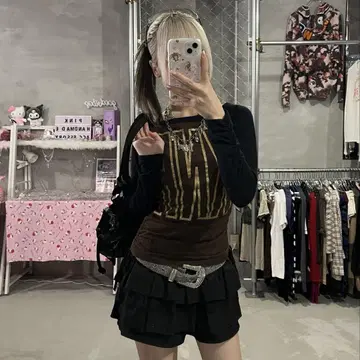 래글런 슬리브 y2k 반짝반짝 롱티 브라운 쫄티