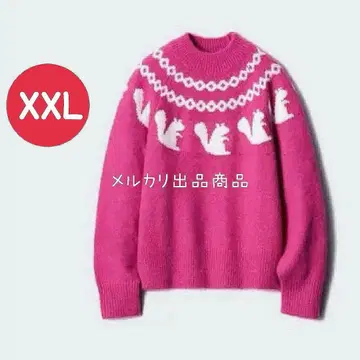유니클로 JWAnderson 자카드 크루넥 스웨터 핑크 XXL