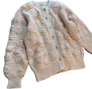 빈티지 입체 꽃 자수 디자인 빅 루즈 가디건 살몬 핑크 L