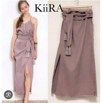 새상품급 [ KiiRA ] 더스티 핑크 면린넨 프린지 랩스커트 린넨