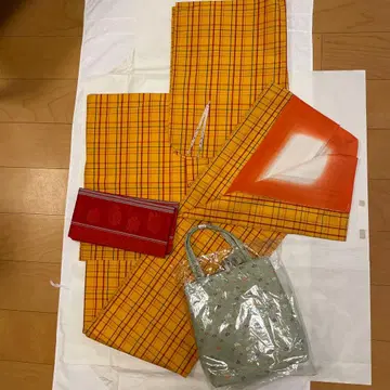 기모노 세트 (체크 무늬, 오비, 백) 요네자와 오시