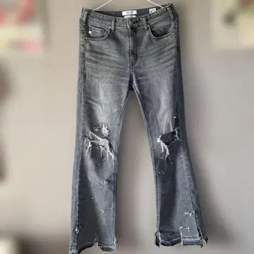 SOMETHING. 데미지 가공 그레이 데님 플레어 팬츠 30
