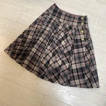 호코모모라 핑크 계열 그레이 체크 울 플리츠 스커트