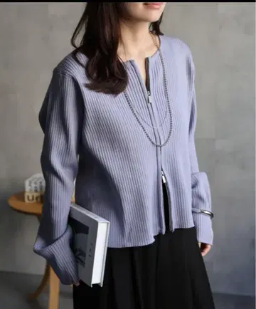 택 포함 새상품 라벤더 더블 지퍼 가디건 리브 니트