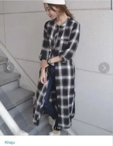 Khaju 오픈 체크 롱 셔츠 원피스
