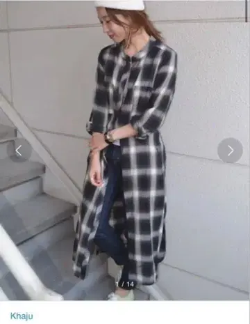 Khaju 오픈 체크 롱 셔츠 원피스
