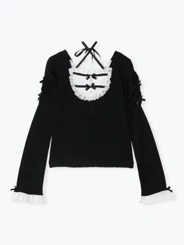 노에미 아가씨 백 레이스업 플레어 슬리브 티셔츠 블랙