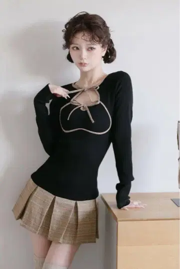 다리치 포인트 체크 니트 미니 원피스