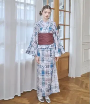 Lovilyn 라비린 유카타 오비 세트 파랑 화이트 빨간색 체크
