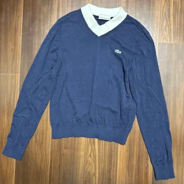 LACOSTE 네이비 V넥 화이트 카라 니트 36 여성용
