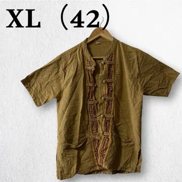 [ XL ] 브라운 자수 코튼 셔츠 42 멋진 겉옷 동양인