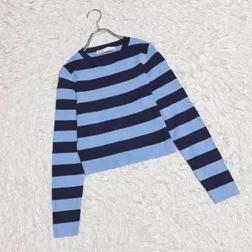 [ ZARA ] 니트 ( L ) 스웨터 크롭 기장 보더 타이트 파랑 긴팔