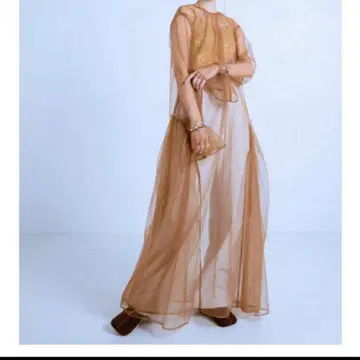 RayBeams 브라운 튤 시스루 롱 원피스 긴팔 시어