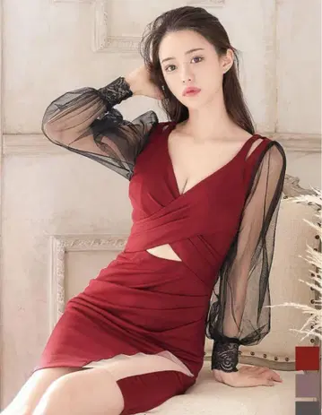와인 레드 시스루 긴팔 타이트 드레스