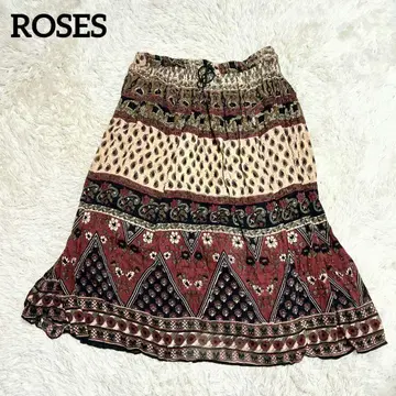 [ ROSES ] 에스닉 패턴 롱 스커트(F) 올 패턴 허리끈 보르도