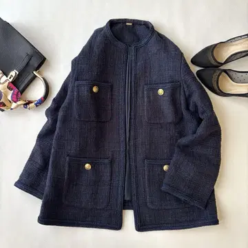 Mila owen 금장 버튼 더블 버튼 트위드 테일러드 자켓 네이비