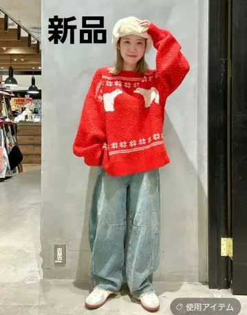 니코앤드 [새상품] 아사히야마 동물원 콜라보 니트 빨간색 x 북극곰