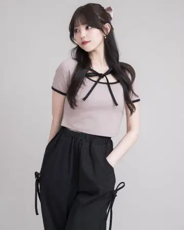 스톤 로고 리본 테이프 팬츠 세트 핑크 x 블랙