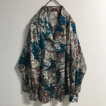 레트로 스카프 패턴 폴리 셔츠 자켓 광택 여성 빈티지 일본제