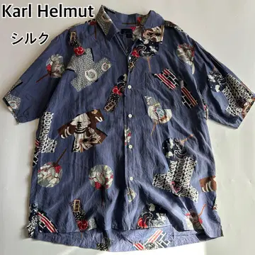 레어 칼 헬무트 일본풍 패턴 반팔 하와이안 셔츠 블루 계열 L