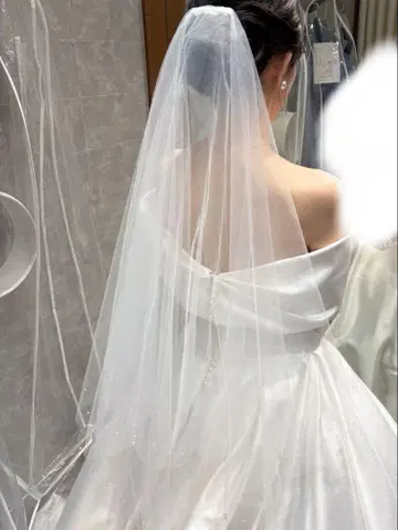 투명 펄 장식 롱 웨딩 베일