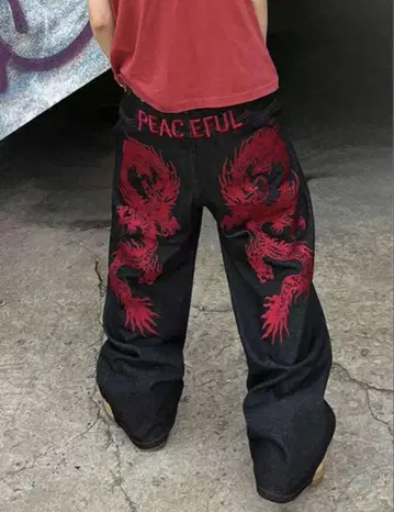 제이드 런던st 데님 드래곤 자수 다크 데님 와이드 팬츠