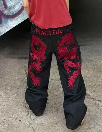 제이드 런던st 데님 드래곤 자수 다크 데님 와이드 팬츠