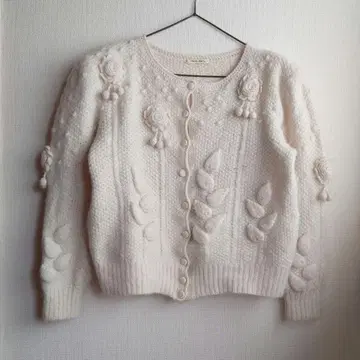 HAND KNIT 100% 울 꽃 모티브 가디건 레트로 아이보리색