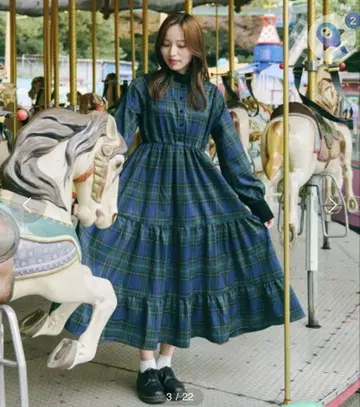 [쿠틸과 레트로] 세트 착용 가능 체크 티어드 원피스 그린