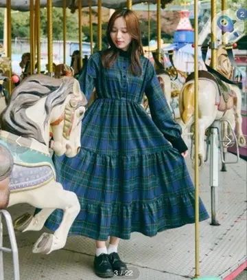 [쿠틸과 레트로] 세트 착용 가능 체크 티어드 원피스 그린