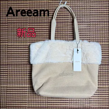 새상품 Areeam 퍼 포함 체크 토트백 베이지