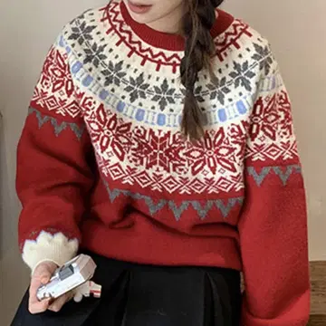 노르딕 무늬 니트 빨간색