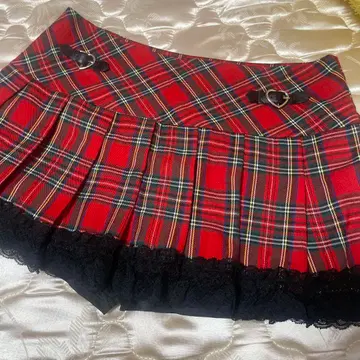 레드 체크 플리츠 스커트 레이스 포함