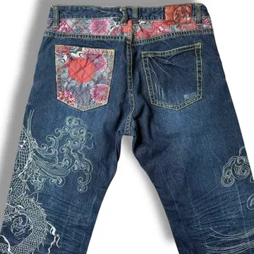 w38 금직 일본풍 패턴 데님 팬츠 자수 용 와이드 팬츠 청바지