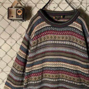 페루산 알파카 페어아일 패턴 크루넥 니트 스웨터 M~L