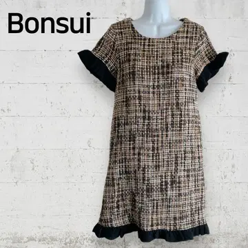 BONSUI 보이 반팔 원피스 오버롤 스커트 프릴 트위드
