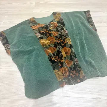 레트로 구제 의류 코듀로이 그린 꽃무늬 베스트