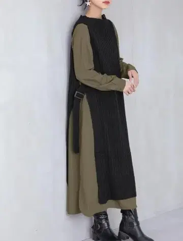 n'OrLABEL 셔츠 도킹 니트 원피스 블랙 카키 ML