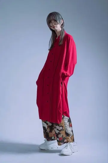 ellecy 플리츠 롱 셔츠 레드