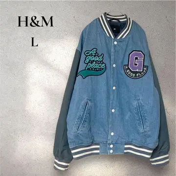 [ H&M ] 데님 바시티 자켓 아플리케 블루종 자켓 L