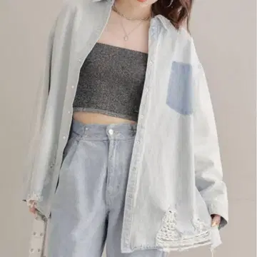 chico 치코 루즈 데미지 데님 셔츠 스카이블루
