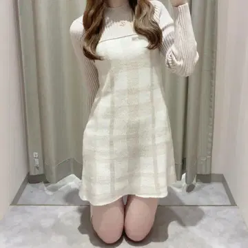 AnMILL 절개 체크 미니 니트 OP 핑크