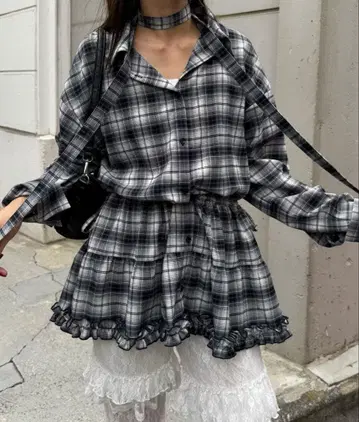 보타이 달린 밑단 티어드 체크 셔츠 원피스 차오패닉 한국 구제 의류