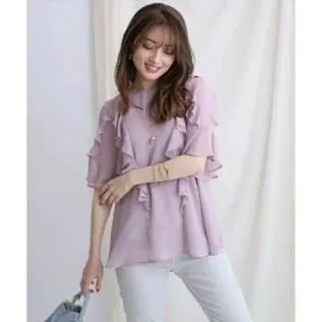 아푸와이저 리셰 프릴 블라우스 연보라색 5부 소매 소매 프릴 라벤더 핑크